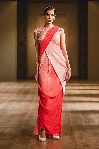 coral embroidered concept saree set