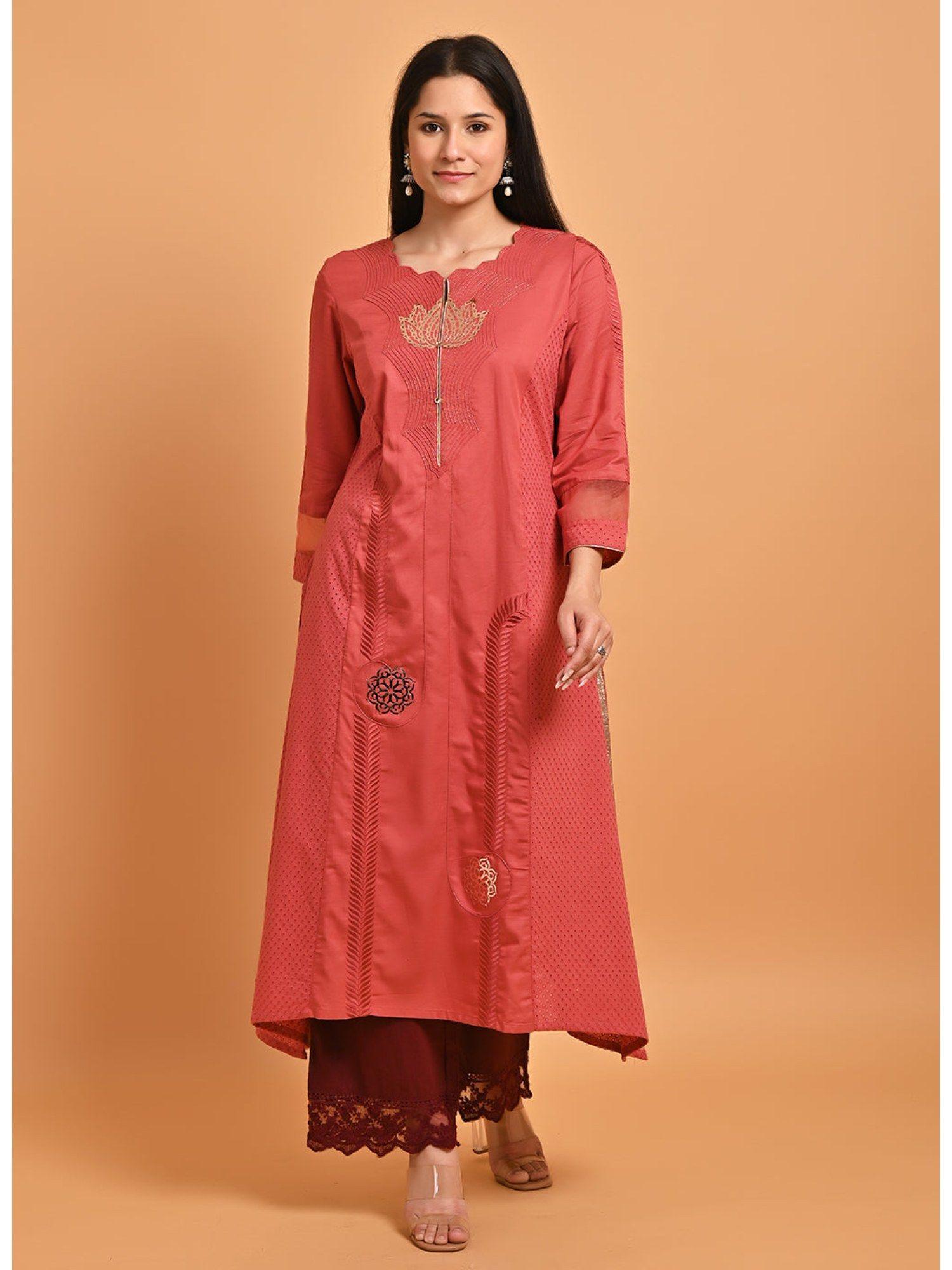 coral embroidered cotton kurta with three fourth sleeves sleeves and asymmetrical hem