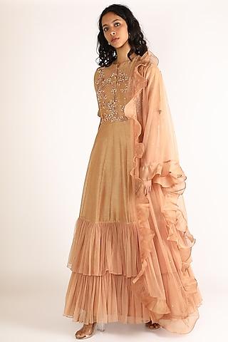 coral embroidered frill gown with dupatta