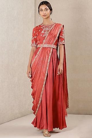 coral embroidered kurta set