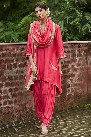 coral embroidered kurta set