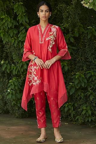 coral embroidered kurta set