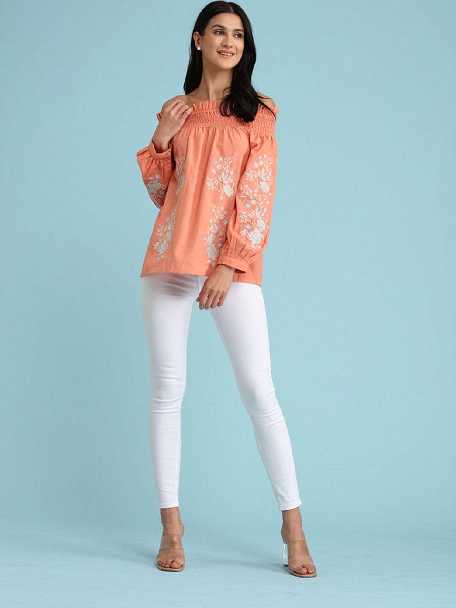 coral embroidered off the shoulder blouse