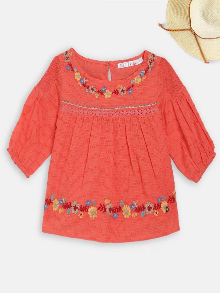 coral embroidered round neck top