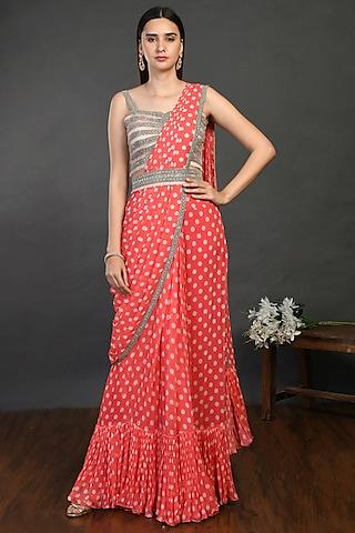 coral embroidered saree set