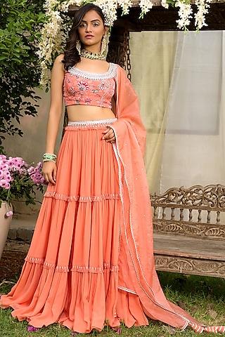 coral embroidered tiered lehenga set