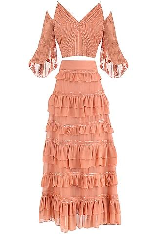 coral embroidered top with frill skirt