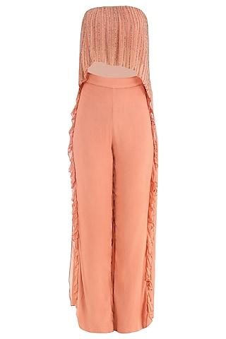 coral embroidered tube top with frill pants