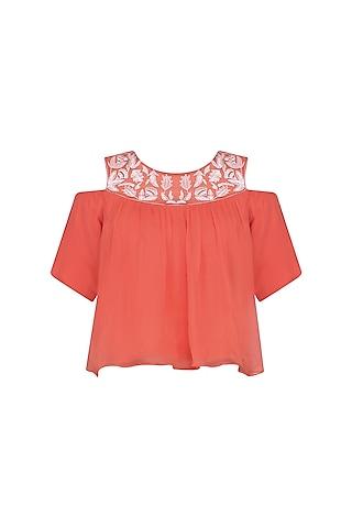 coral floral embroidered cold shoulder top