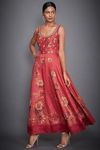 coral floral embroidered dress