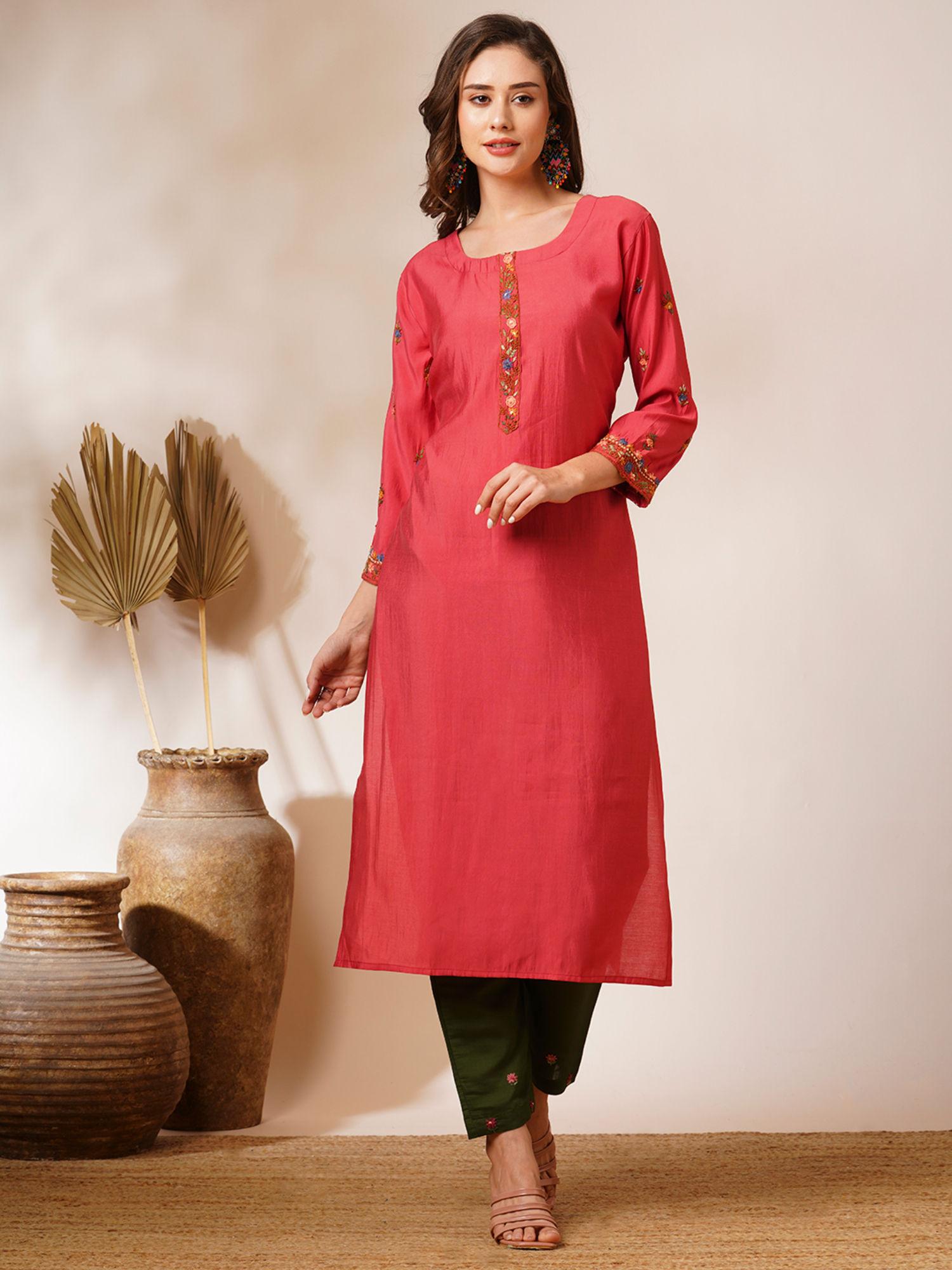 coral floral hand embroidered straight fit kurta