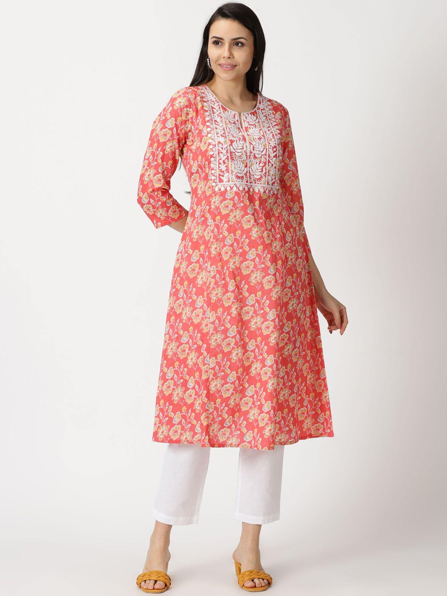 coral floral print a-line kurta with lucknowi chikankari embroidery