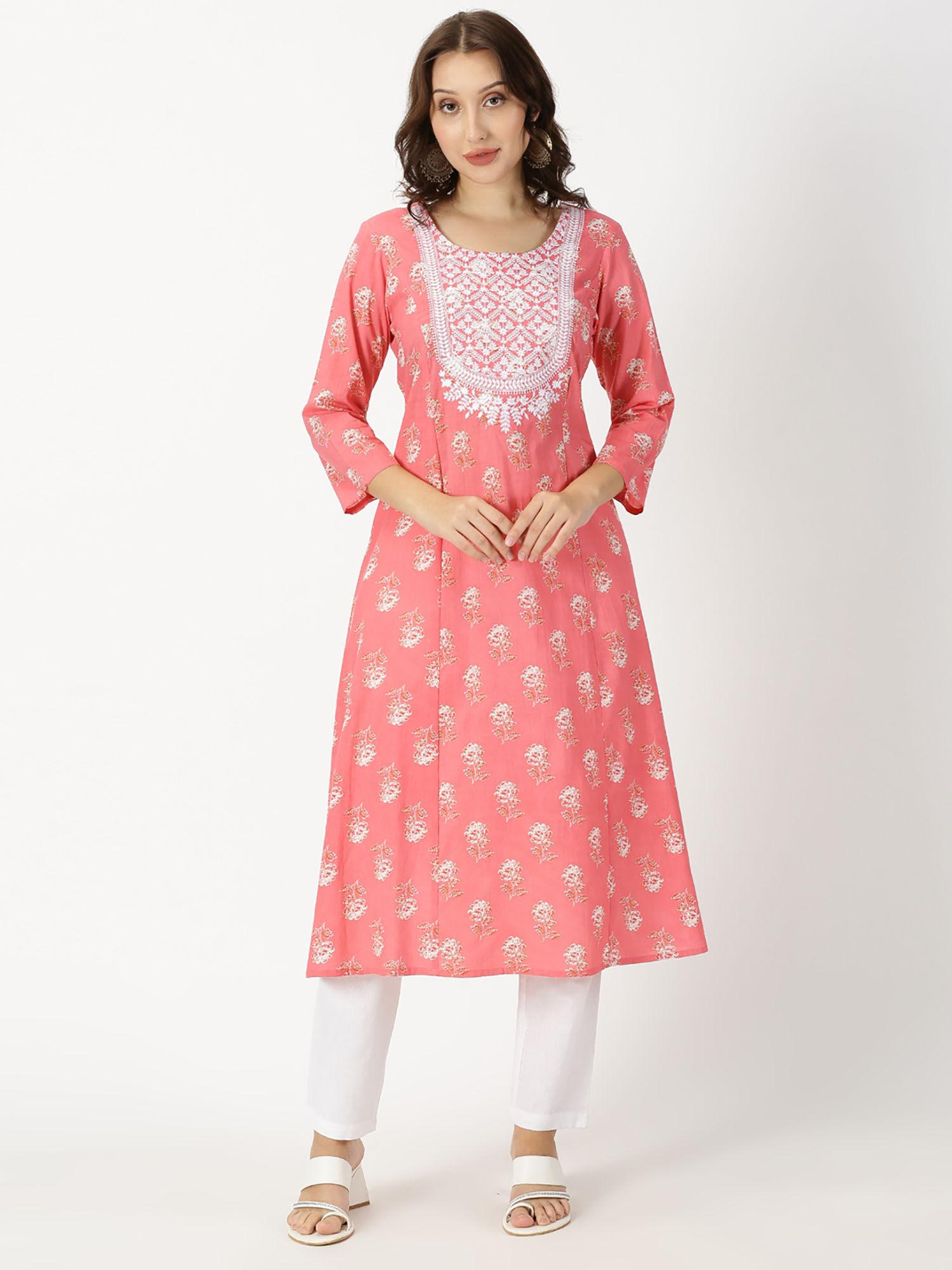 coral floral print kurta with lucknowi chikankari embroidery