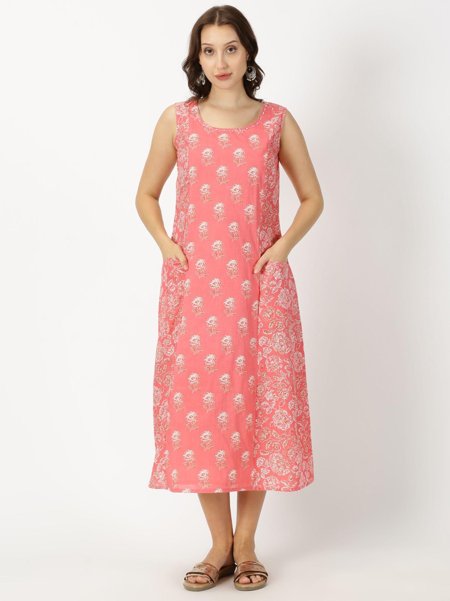 coral floral print panelled midi dress