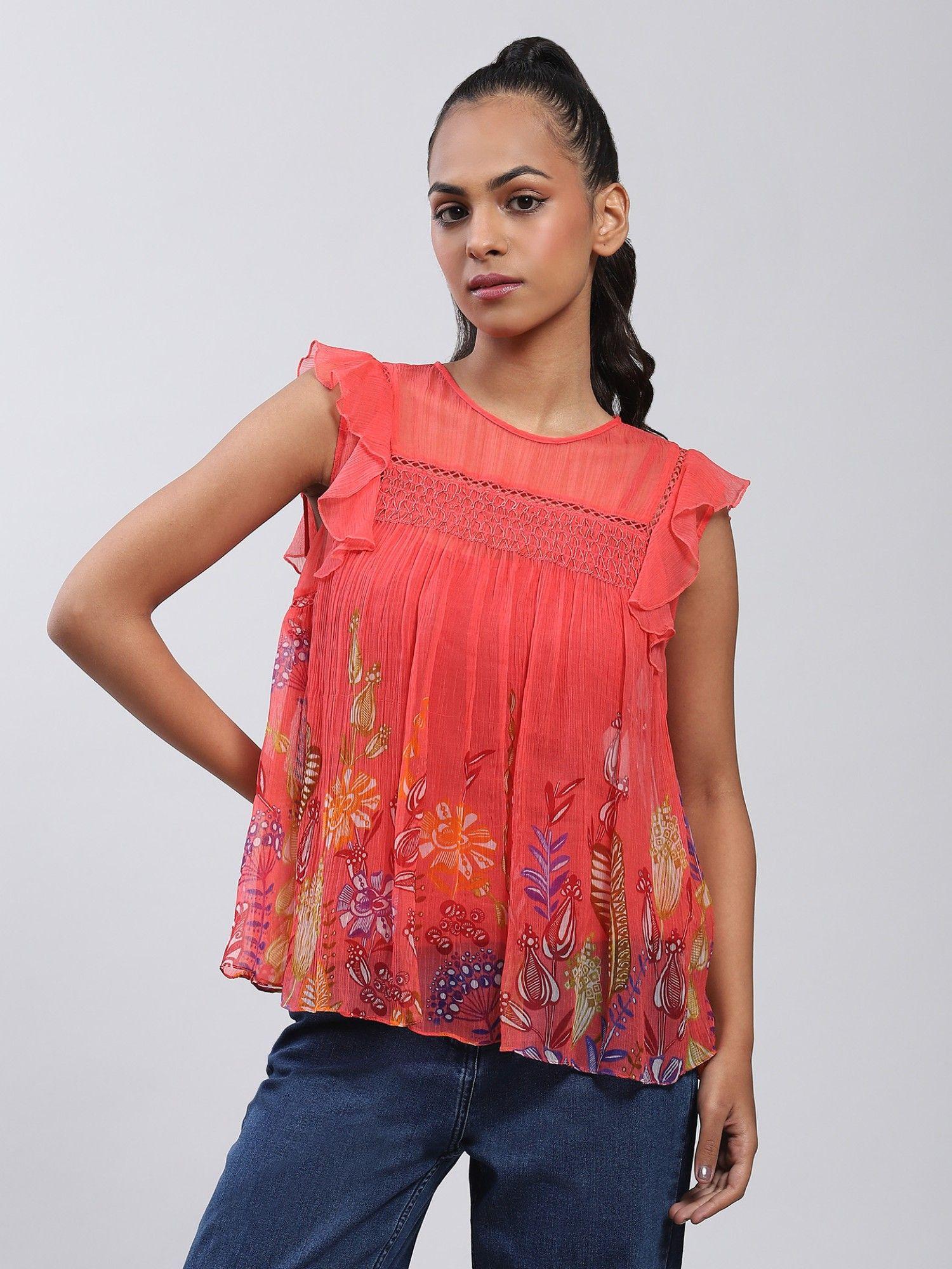 coral floral print sleeveless top with inner (set of 2)