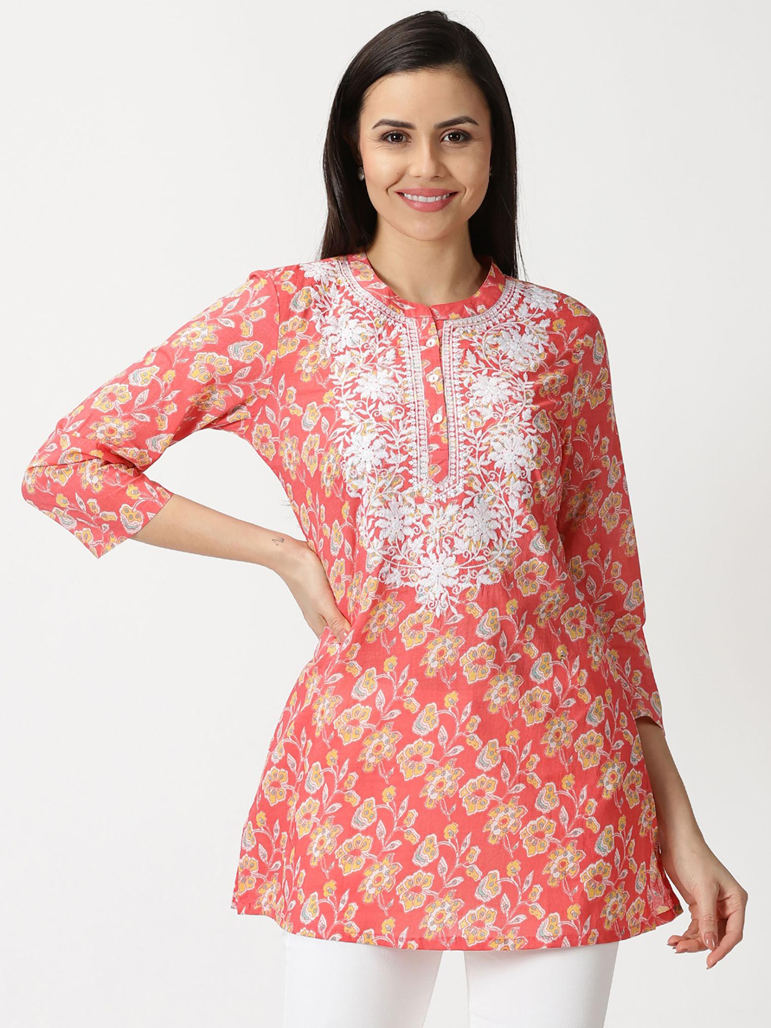 coral floral print tunic with lucknow chikankari embroidery