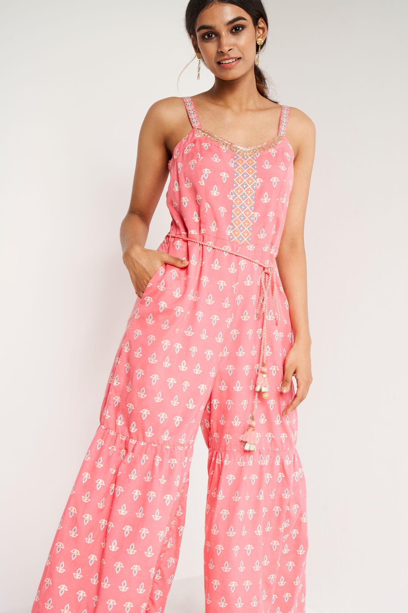 coral foil print fit & flare jump suit