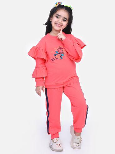 coral french terry full sleeve doll sweatshirt with jogger