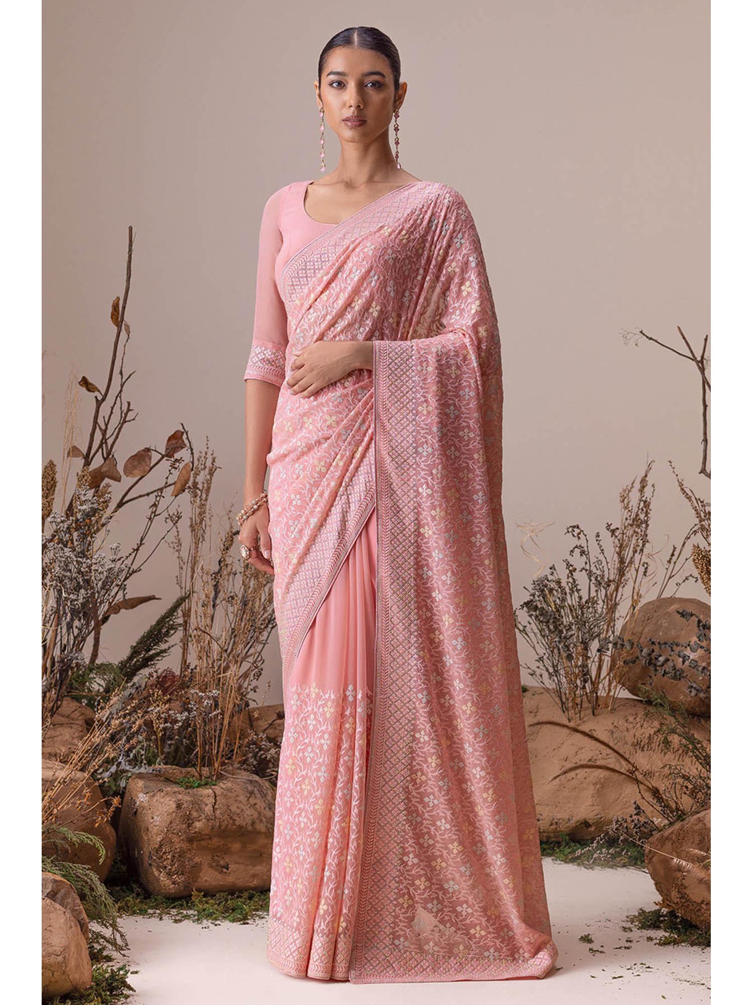 coral georgette floral print saree with unstitched blouse