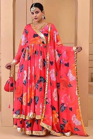 coral georgette gota embellished & floral printed kurta set