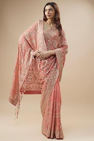 coral georgette sequins hand embroidered saree set