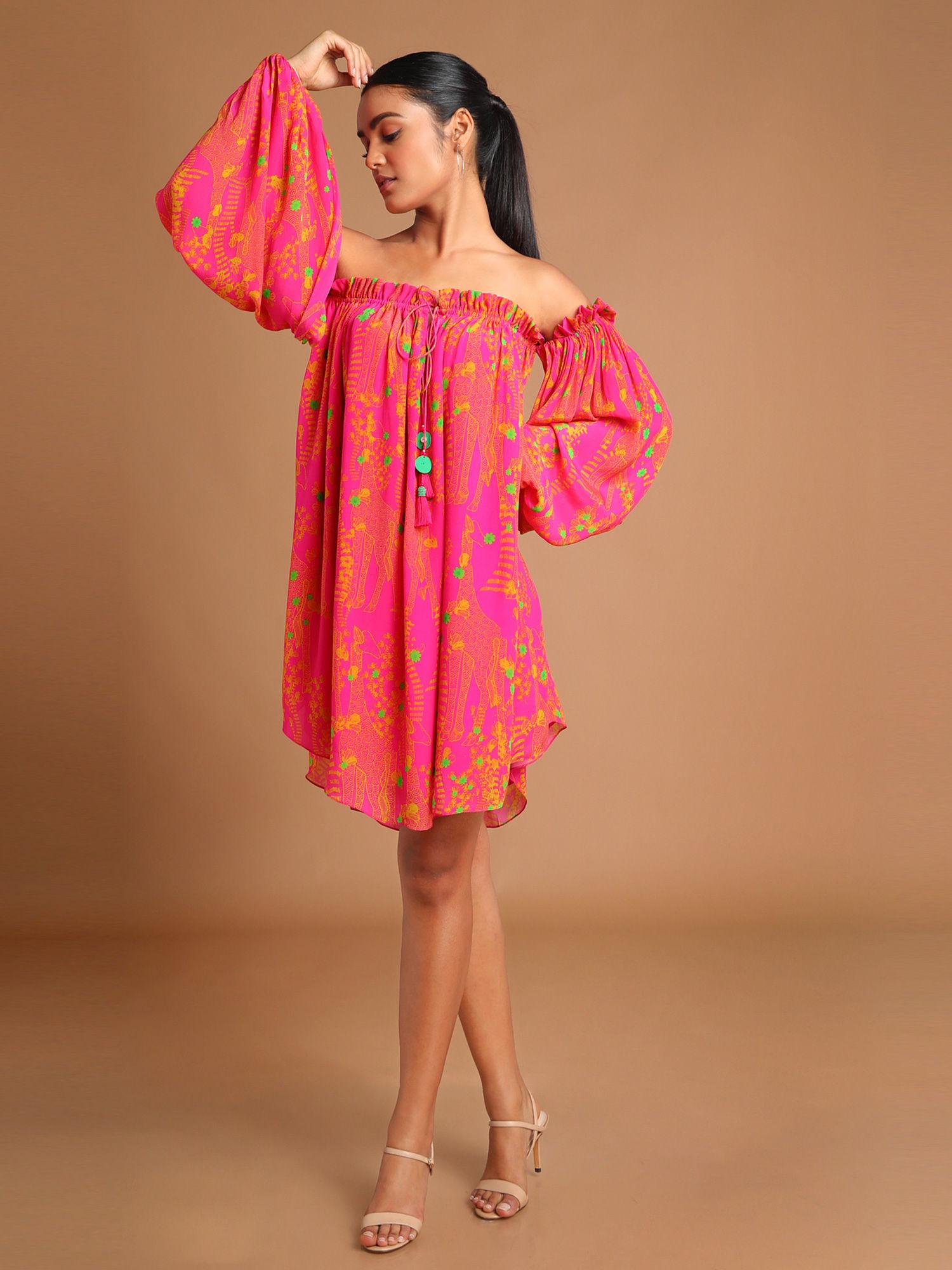 coral giraffe pop off shoulder dress