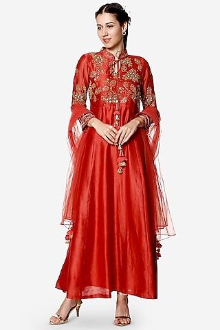 coral hand embroidered anarkali set