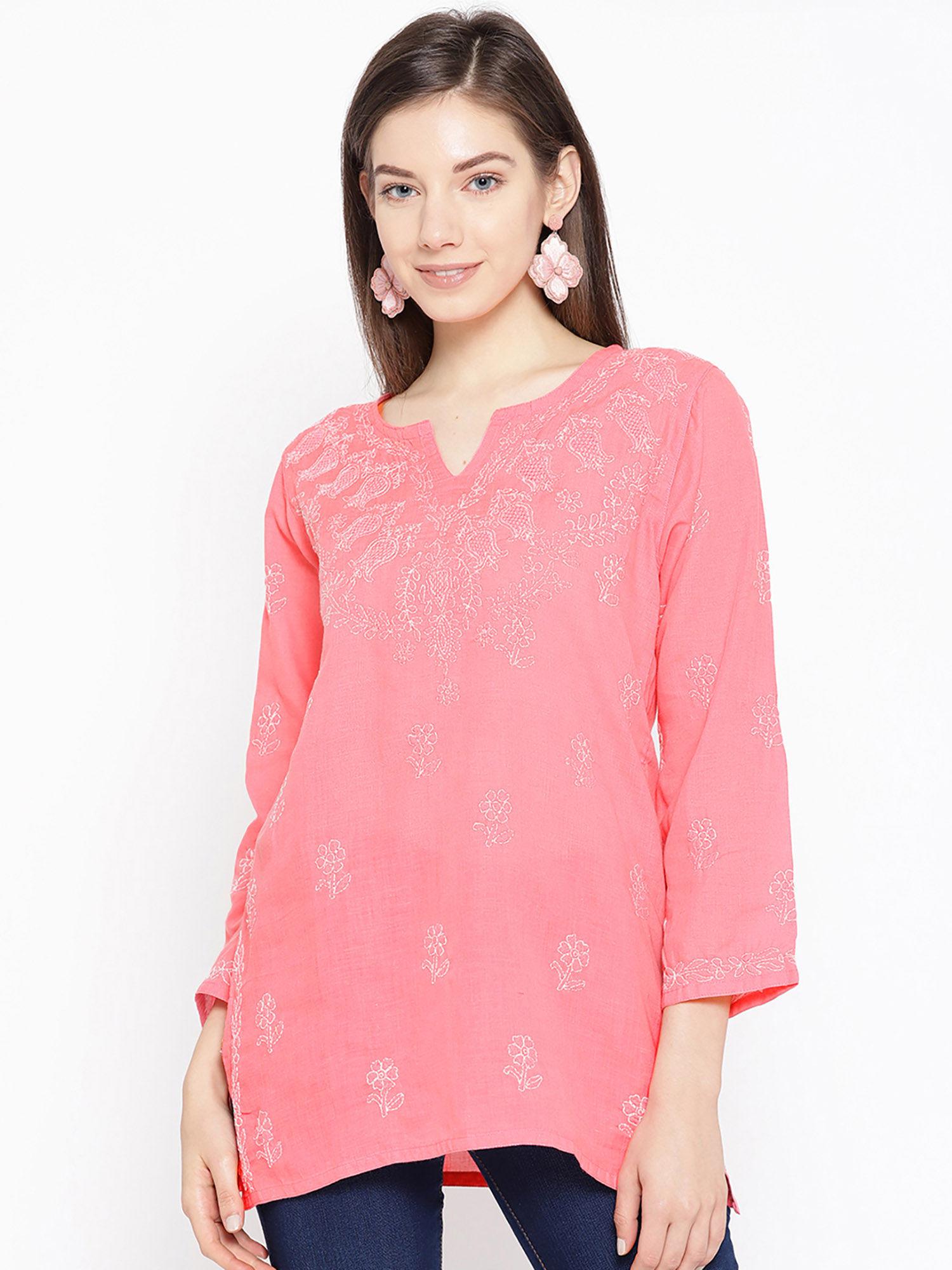 coral hand embroidered cotton lucknow chikan kurti (xs) (a509697)