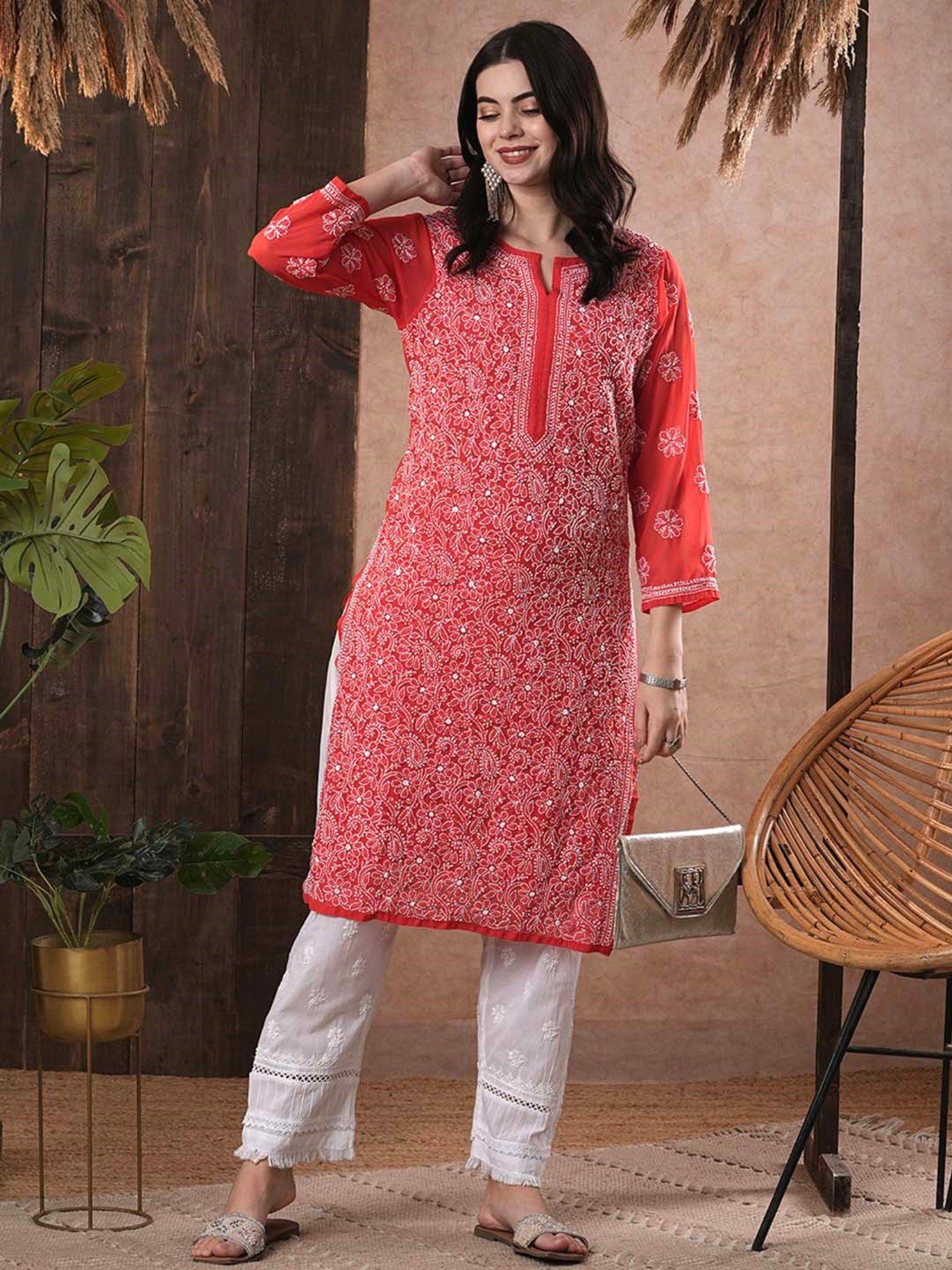 coral hand embroidered faux georgette chikankari kurta [a100287]