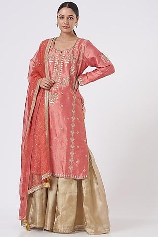 coral hand embroidered tissue kurta set