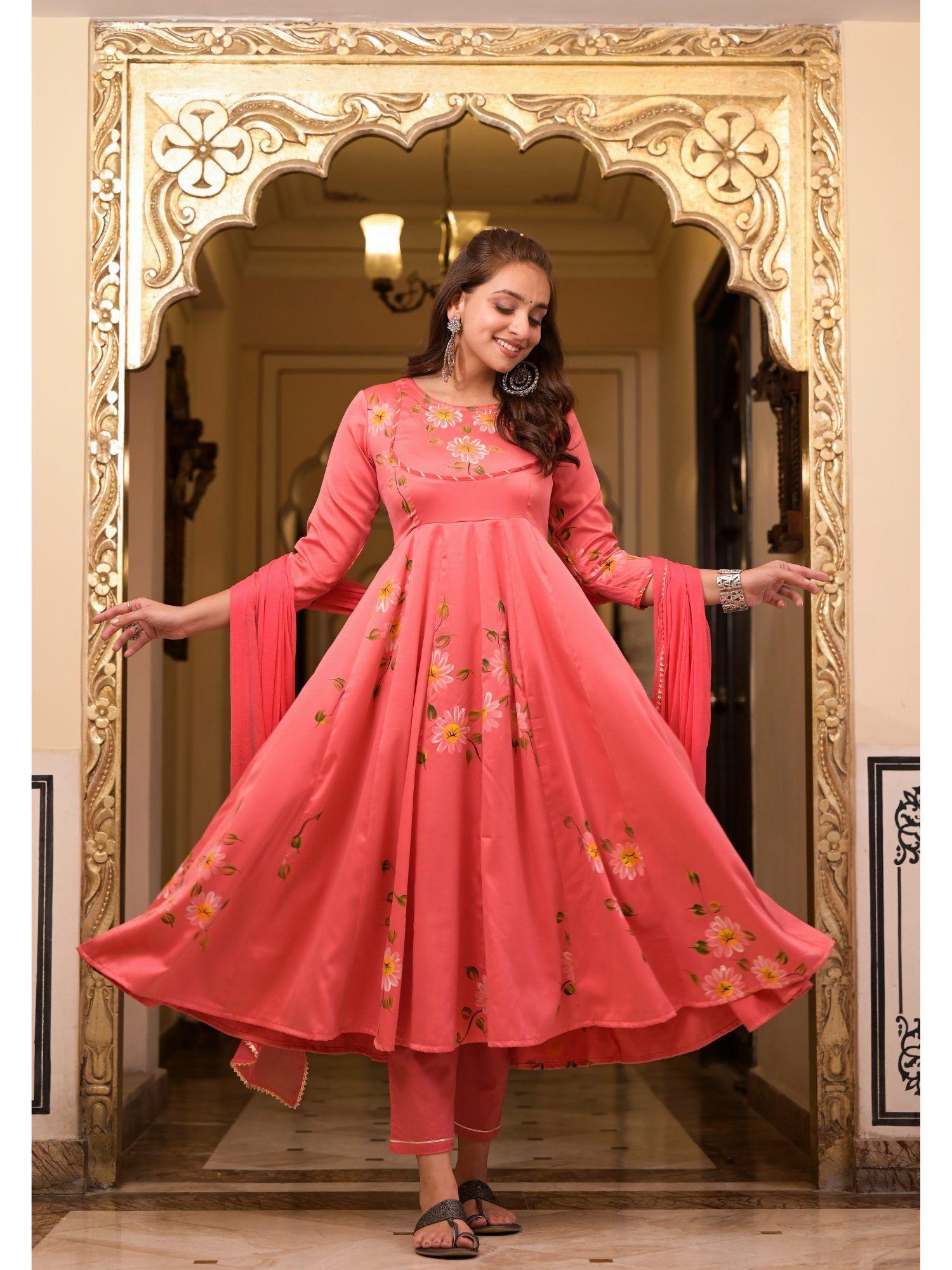 coral hand painted satin anarkali suit (set of 3)