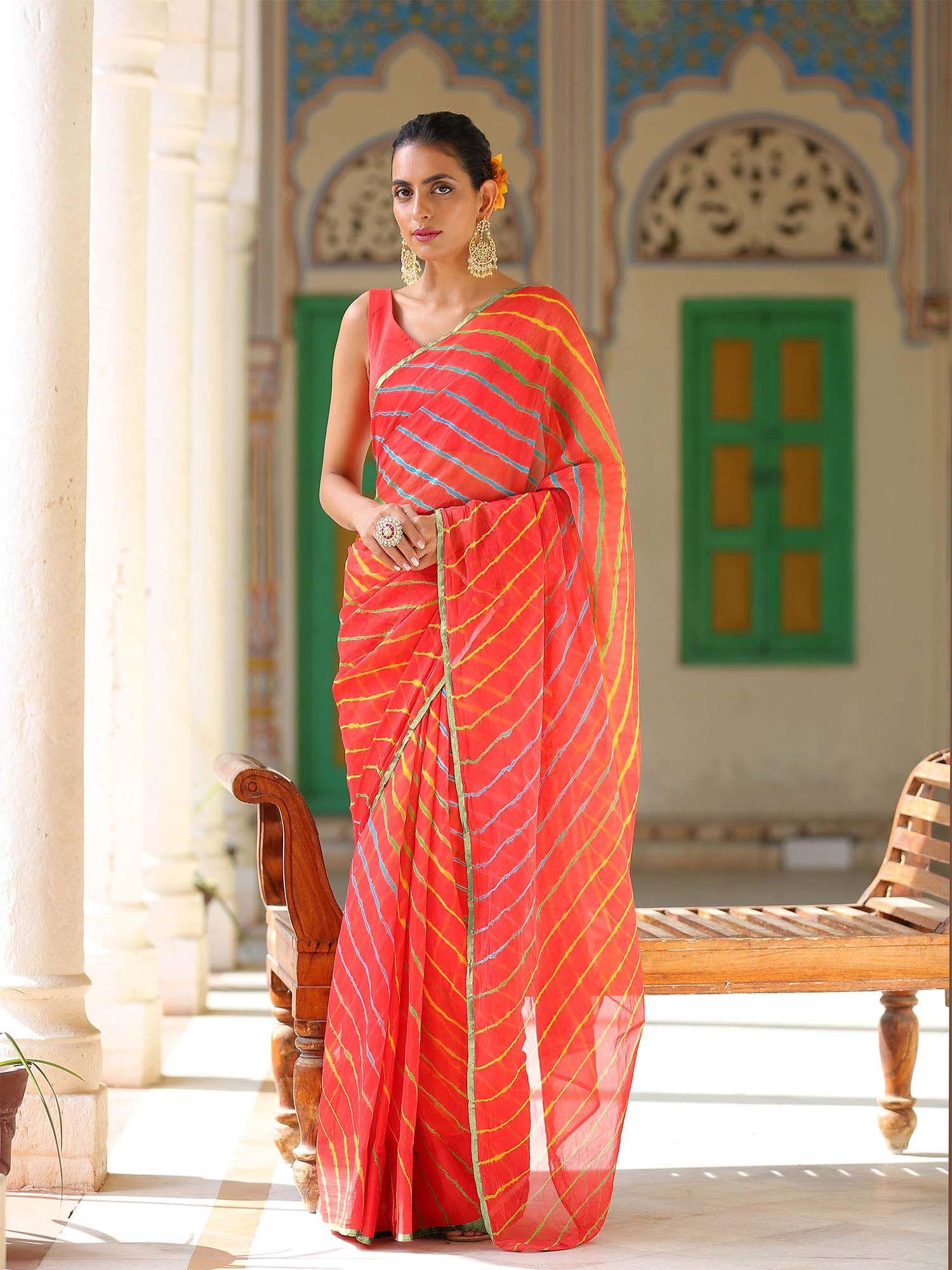 coral handmade leheriya saree with unstitched blouse