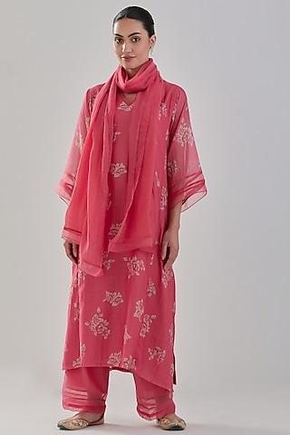 coral handwoven chanderi kurta set