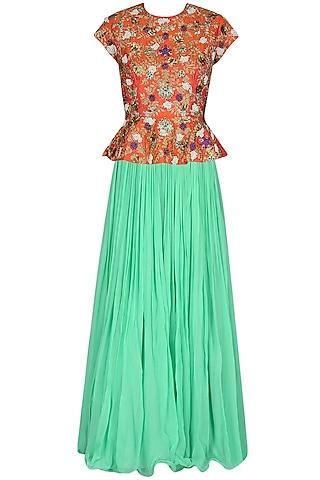 coral jaal embroidered peplum top with sea green pleated skirt