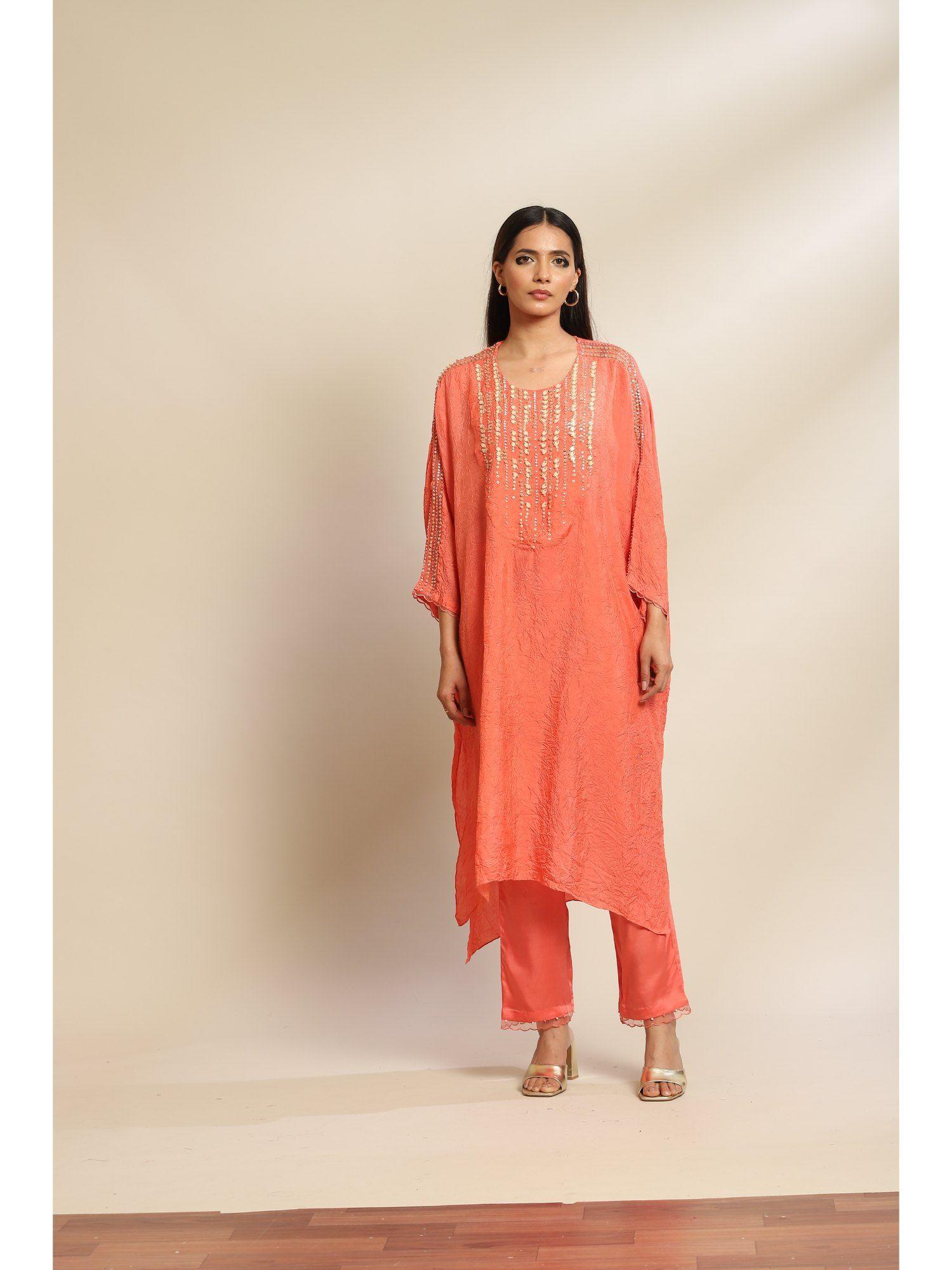 coral kurta & pant with hand embroidery with sequins & beads on yoke (set of 2)