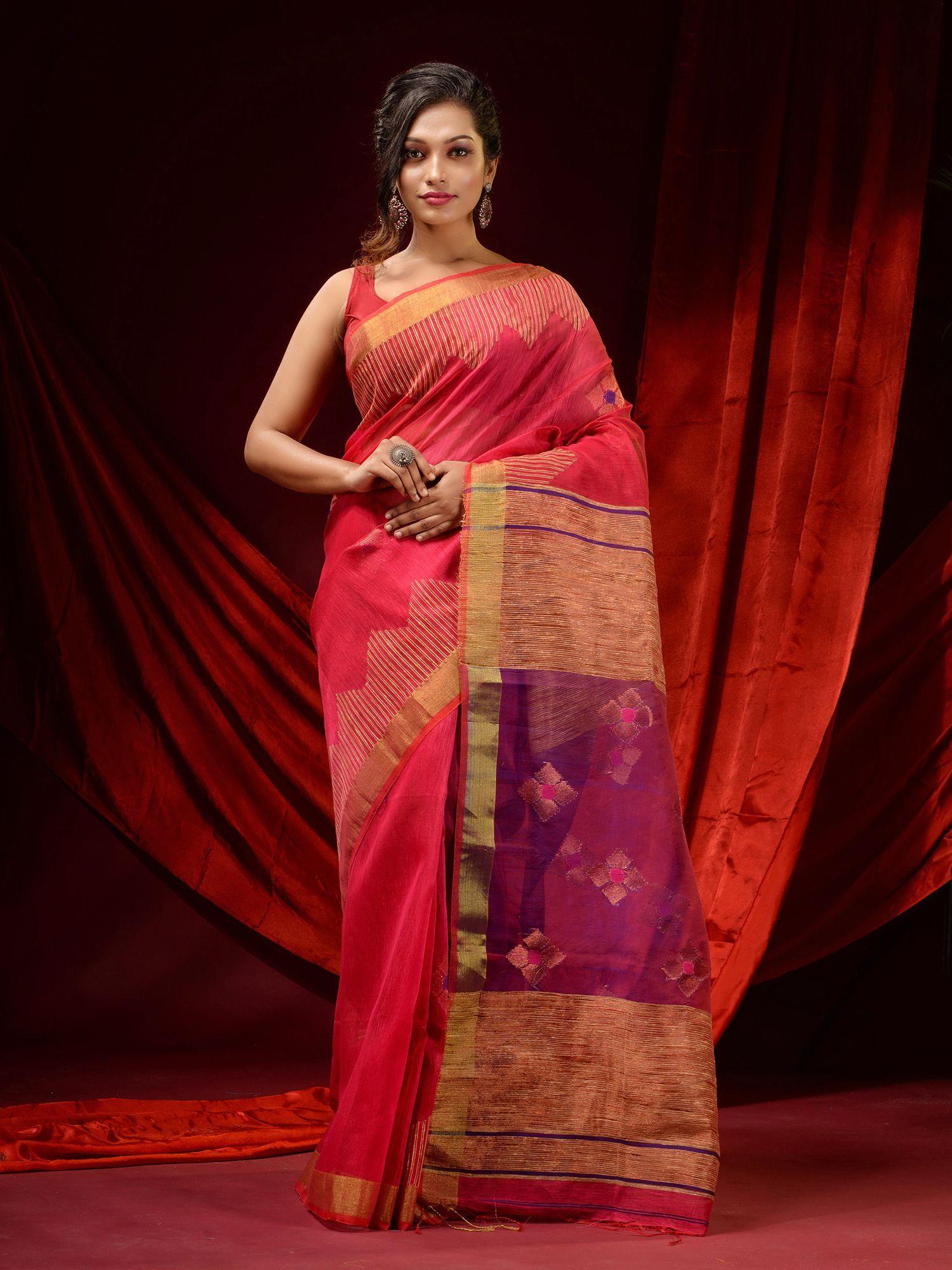 coral linen handwoven temple borders and woven floral motifs saree with unstitched blouse