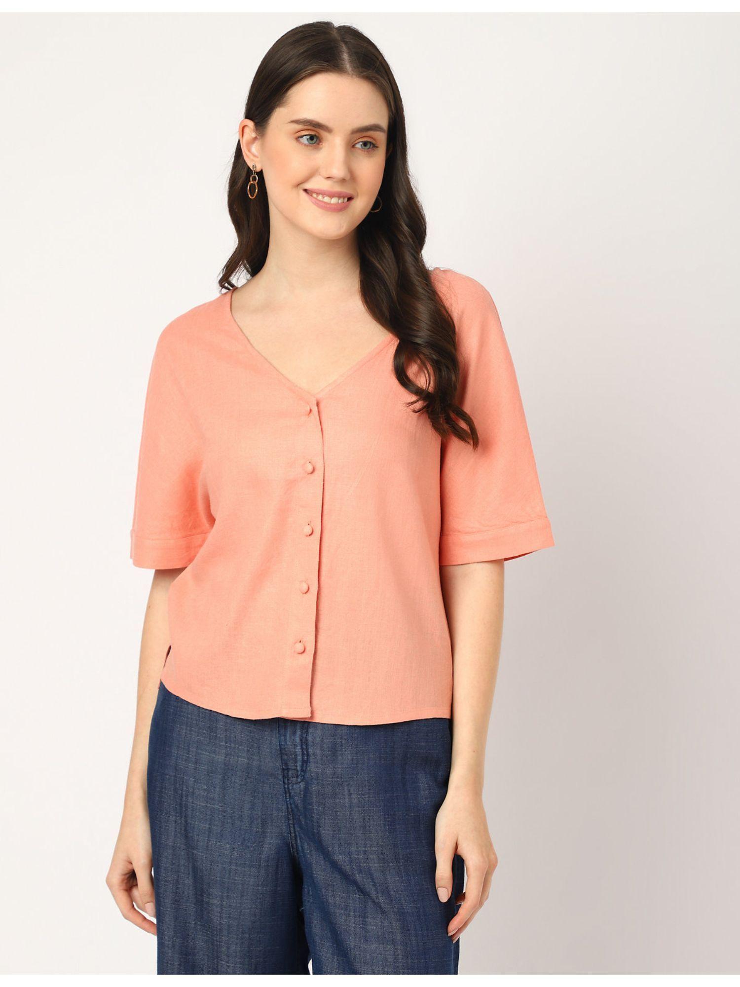 coral linen mix plain v-neck top