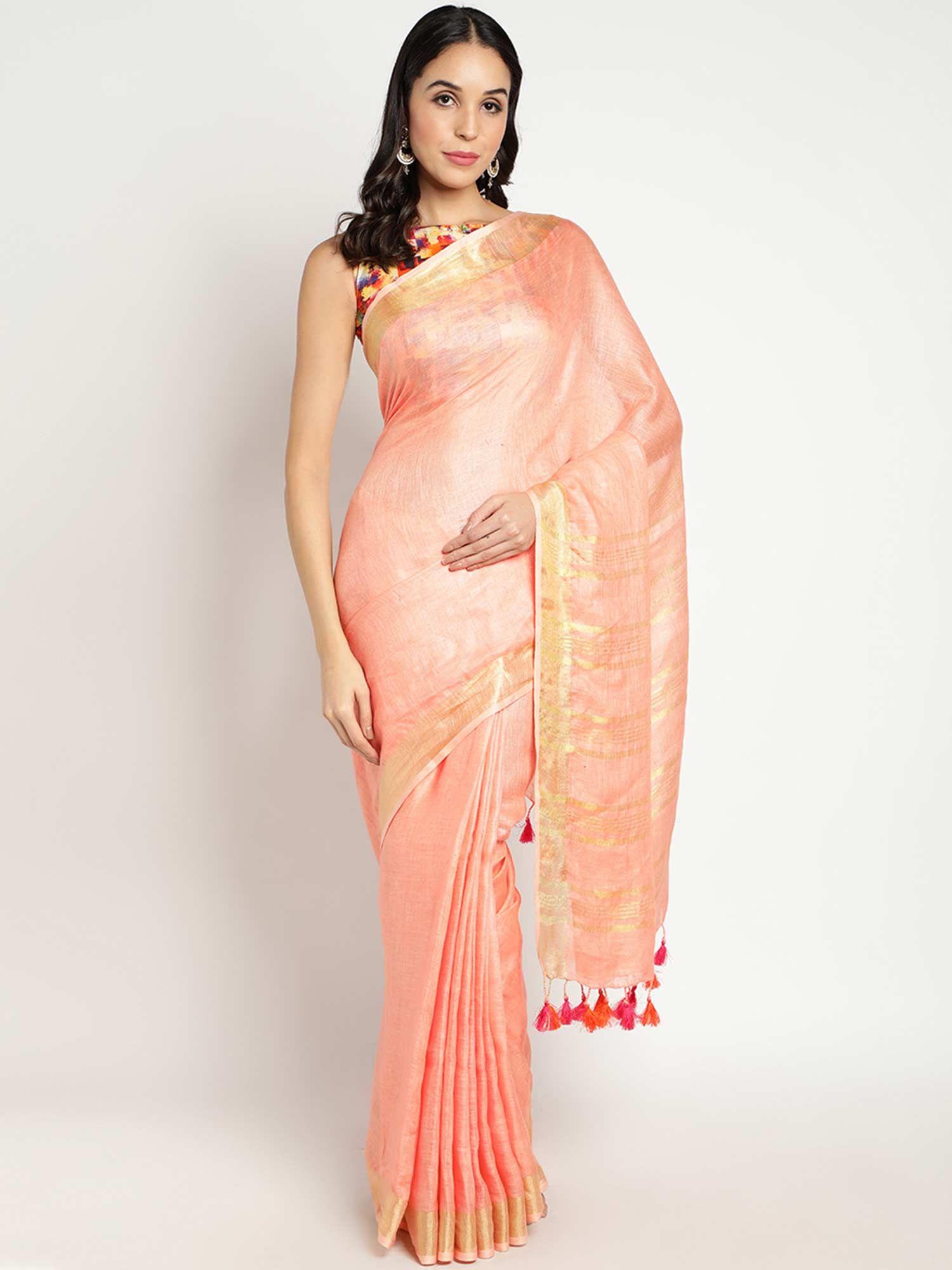 coral linen printed handloom saree with unstitched blouse