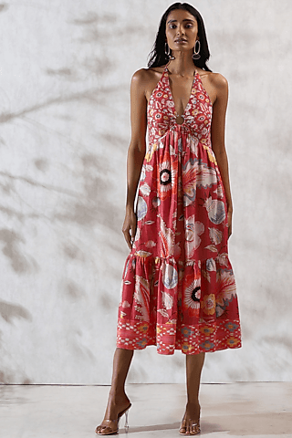 coral linen satin printed maxi dress