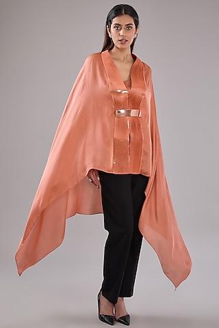 coral metallic polymer & crepe chiffon cape with belt