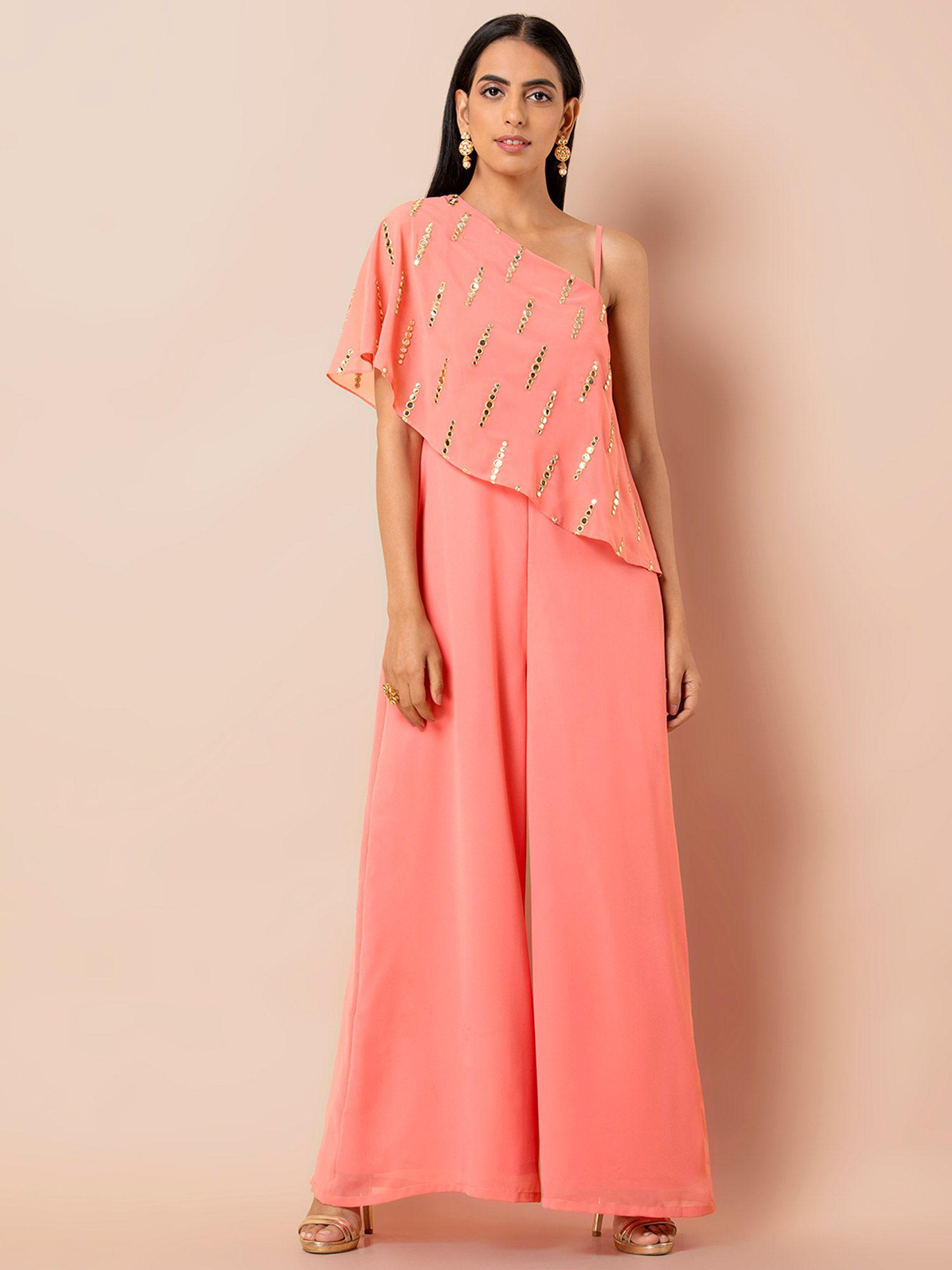 coral mirror cape one shoulder jumpsuit