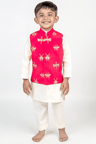 coral muslin hand embroidered nehru jacket set for boys