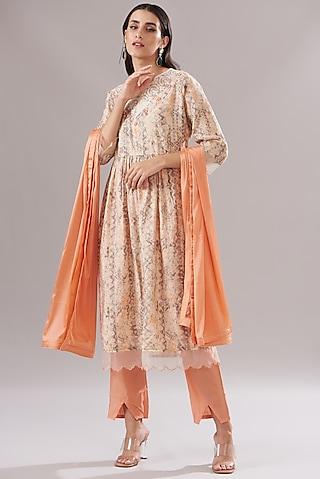 coral muslin printed & embroidered anarkali set