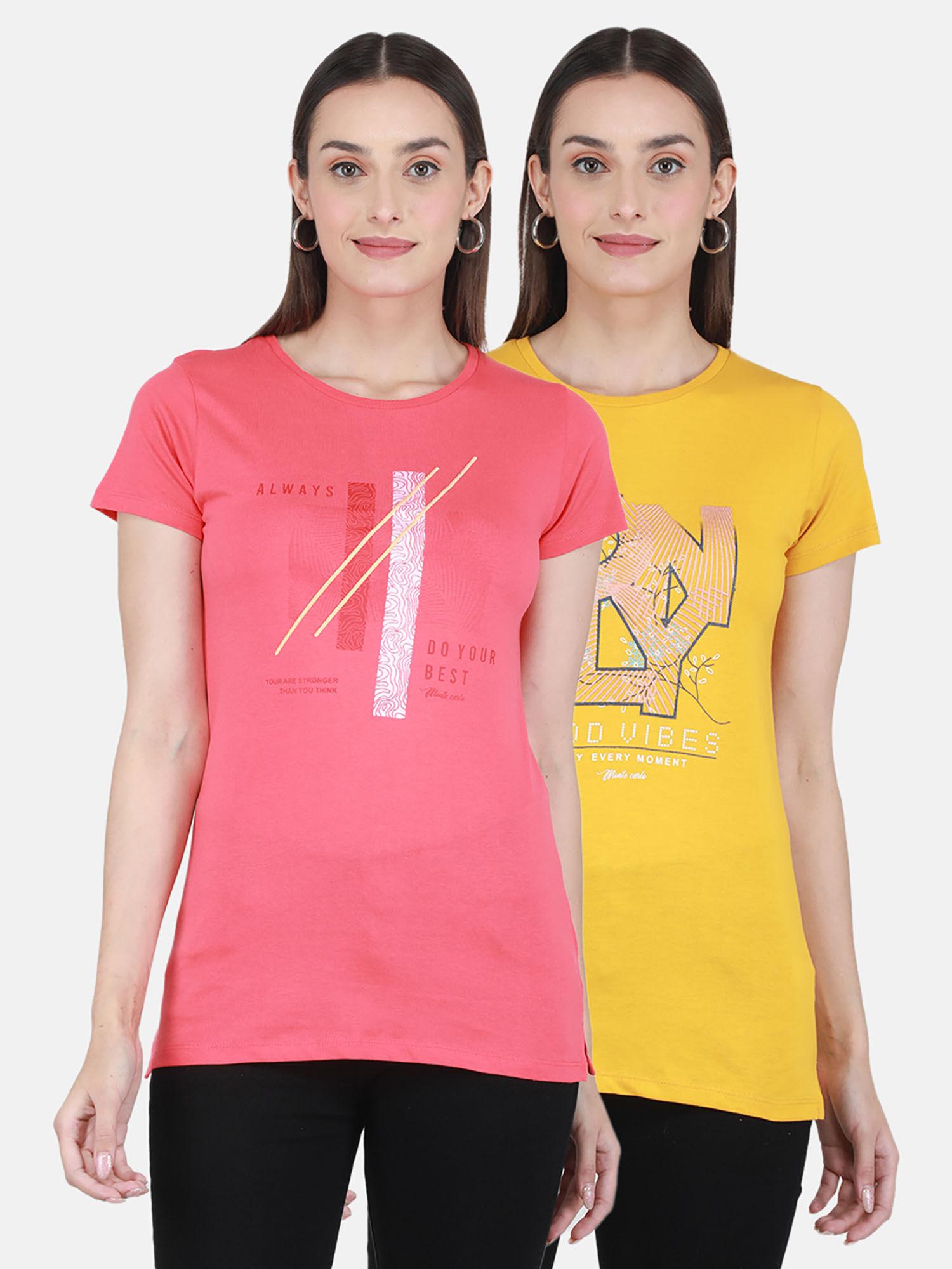 coral-mustard printed round neck top 2 pc (set of 2)