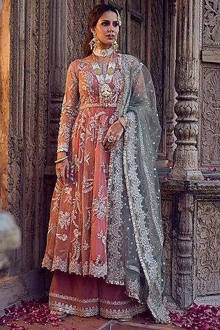 coral net embroidered lehenga set