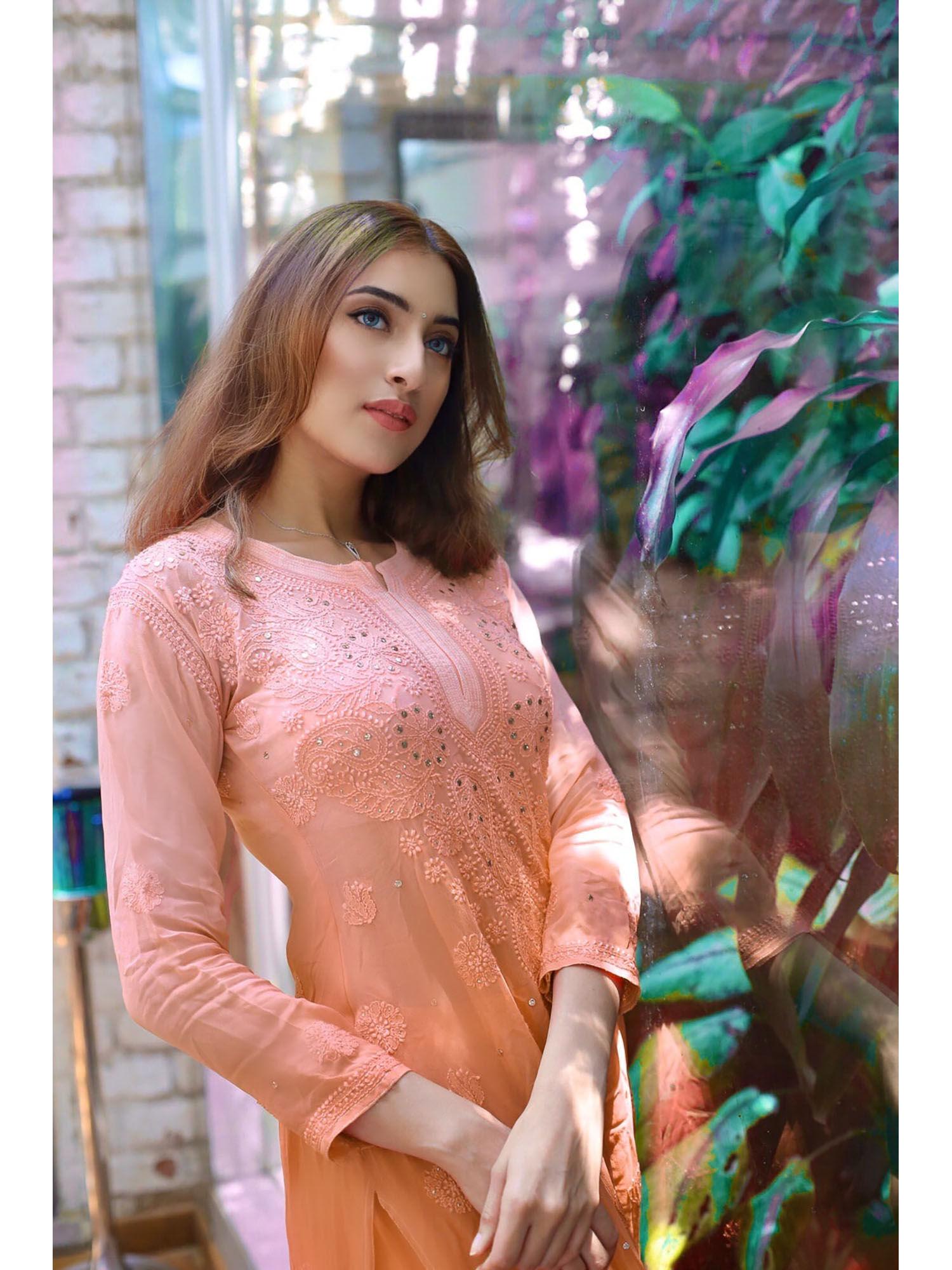 coral ombré chikankari kurta