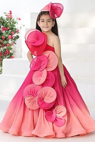 coral ombre georgette one-shoulder pleated gown for girls