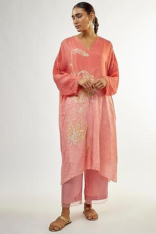 coral ombre silk bead embroidered kurta set