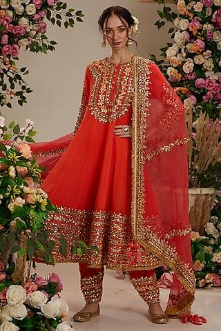 coral orange georgette gota embroidered anarkali set