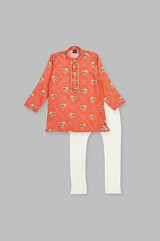 coral orange printed kurta set for boys